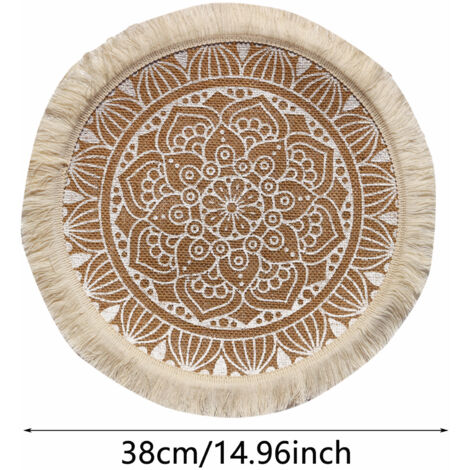 Ensemble de cinq sets de table en jute tissés à pompons, décorations de table écologiques, sets de table rétro isolants thermiques, 38 cm x 38 cm (1/4)