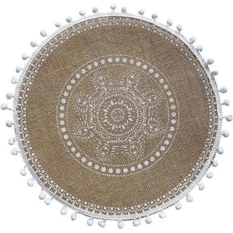 Ensemble de cinq sets de table en jute tissés à pompons, décorations de table écologiques, sets de table rétro isolants thermiques, 38 cm x 38 cm (1/4)