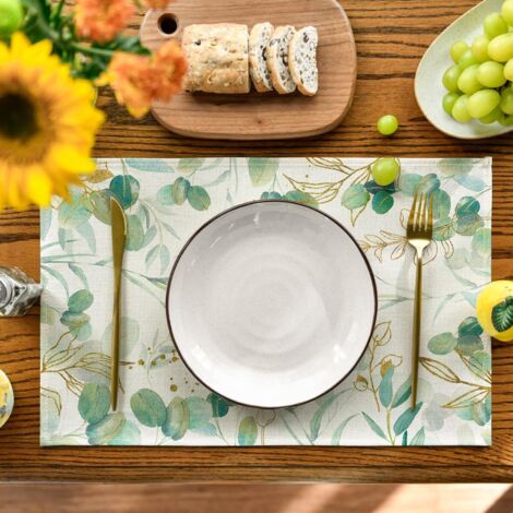 Ensemble de 4 sets de table à motif eucalyptus, eucalyptus vert, printemps, cuisine, décoration intérieure, fêtes, 30 x 45 cm (1/5)