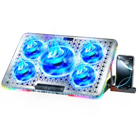 Support de refroidissement pour ordinateur portable, refroidisseur pour ordinateur portable de jeu, 5 ventilateurs silencieux, avec une grande plaque métallique. (1/5)