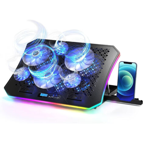 Support de refroidissement pour ordinateur portable, éclairage RGB, 6 ventilateurs, compatible avec les ordinateurs portables de 15,6 à 17,3 pouces. (1/2)
