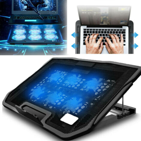 Support de refroidissement USB pour ordinateur portable, refroidisseur silencieux avec 6 ventilateurs et lumières LED bleues, compatible avec les ordinateurs portables de 11 à 17 pouces. (1/5)