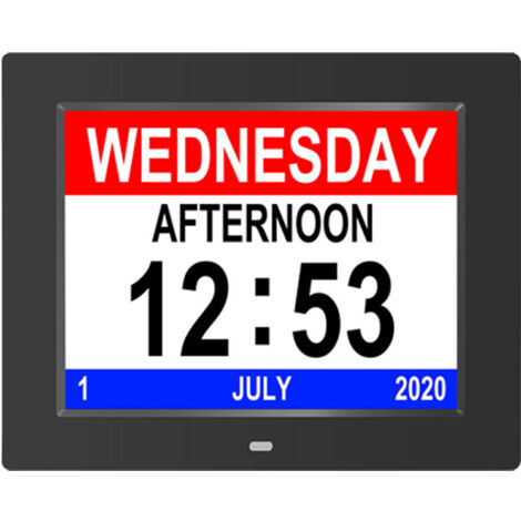 Réveil électronique intelligent noir 8 pouces avec calendrier, alarme, cadre photo numérique et affichage numérique pour les seniors. (1/3)