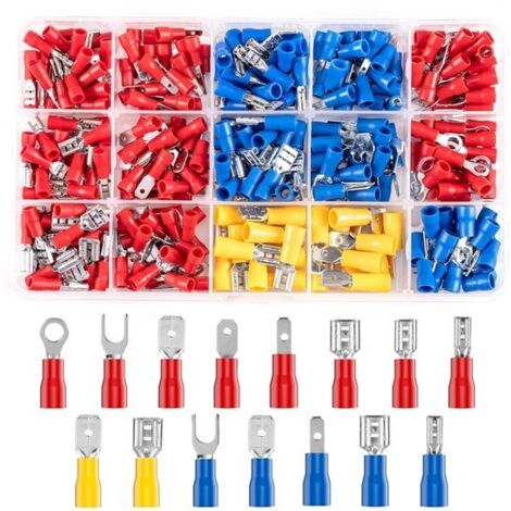 280 cosses à sertir, 15 types de serre-câbles, tailles 0,5-6 mm², connexions rondes et plates, adaptées aux installations automobiles, motos et électriques. (1/5)