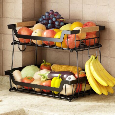 Corbeille à fruits à deux niveaux pour plan de travail avec deux crochets à bananes, idéale pour la cuisine. (1/5)