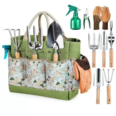 Ensemble de neuf outils de jardinage – résistants à la rouille, ergonomiques, poignées antidérapantes, livré avec un sac de rangement durable – cadeau idéal pour les jardiniers. (1/3)
