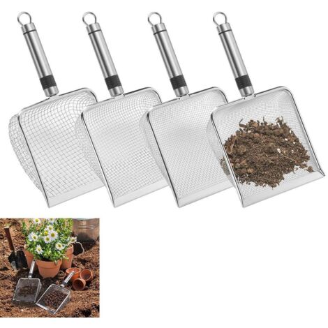 Cet ensemble de quatre tamis de jardin en acier inoxydable comprend une poignée et peut être utilisé comme tamis à compost, tamis à sable, tamis à terre, etc. Les tailles d'ouverture des tamis sont de (1/5)