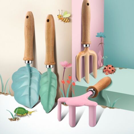 Ensemble de 4 outils de jardin pour enfants avec manches en bois robustes. (1/5)