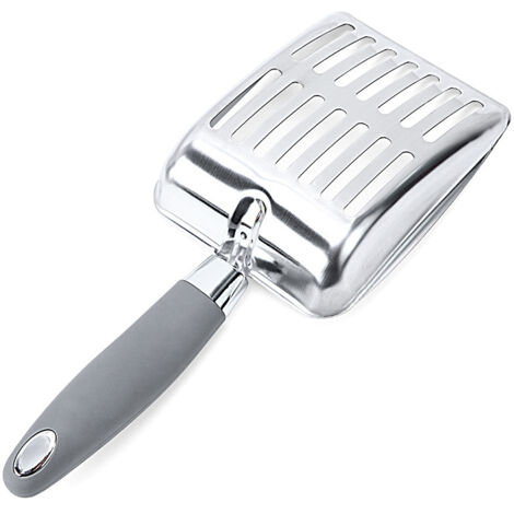 Pelle à litière pour chat, tamis à litière en acier inoxydable, pelle en métal, tamis à excréments, pelle pour chatons, durable, robuste, matériau plat en acier inoxydable, manche gris. (1/4)