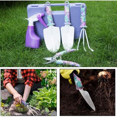 Ensemble de 5 outils de jardinage à motifs floraux et poignées ergonomiques, comprenant une pelle, un râteau, un désherbeur, un sécateur et un pulvérisateur. (1/4)