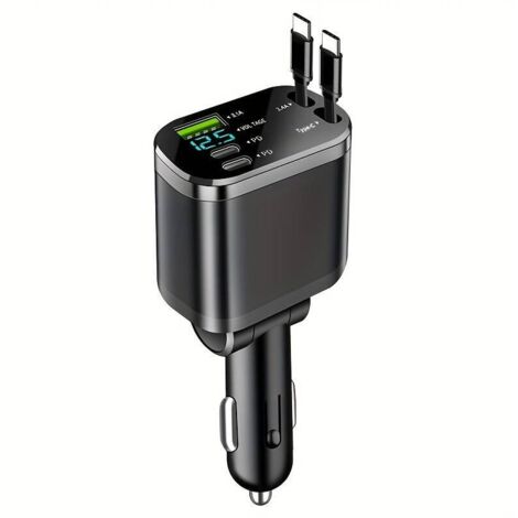 Chargeur de voiture rétractable 5 en 1, charge rapide 69 W, équipé de 2 câbles USB-C rétractables, 2 ports USB-C et 1 port USB-A – Noir (1/5)