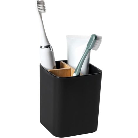 Porte-brosses à dents, gobelet en plastique, 2 compartiments pour brosses à dents + 1 boîte de rangement, convient aux brosses à dents électriques, au dentifrice et au fil dentaire, noir. (1/5)