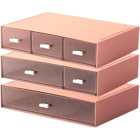 Organiseur de tiroirs de bureau à trois niveaux avec 6 tiroirs, un organisateur de maquillage, des boîtes de rangement empilables et des tiroirs en plastique pour ranger la papeterie et les cosmétique (1/5)