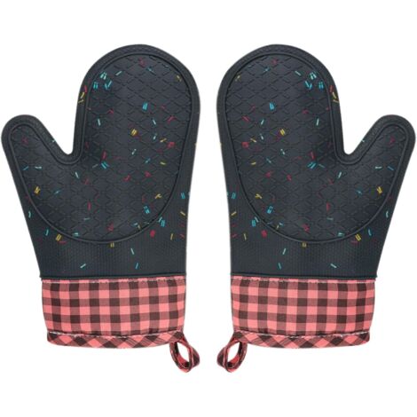 Adorable paire de gants de cuisine en silicone imperméables et sans BPA, résistants à la chaleur et lavables, avec doublure en coton, pour cuisiner, faire des gâteaux et griller (2 pièces, noir). (1/4)