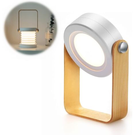 Lampe de bureau, veilleuse portable pliable et rétractable, lampe de lecture LED avec poignée en bois, 3 niveaux de luminosité, luminosité réglable, chargement USB, respectueuse des yeux (blanche)