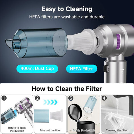 Aspirateur de voiture portable Nettoyeur avec fonction souffleur Sans fil, idéal pour la maison, les voyages et le bureau Solution multifonctionnelle pour le nettoyage - Kit aspirateur de voiture (1/3)