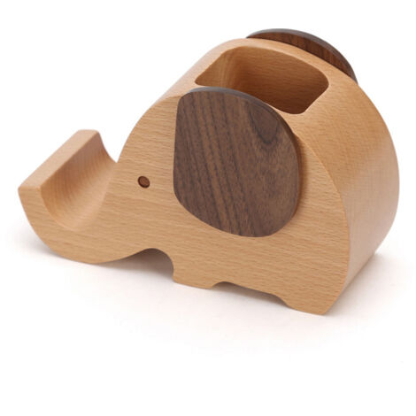 Porte-stylo et porte-téléphone en bois avec motif éléphant, pot à crayons et porte-crayons intégrés, décoration de bureau (1/5)