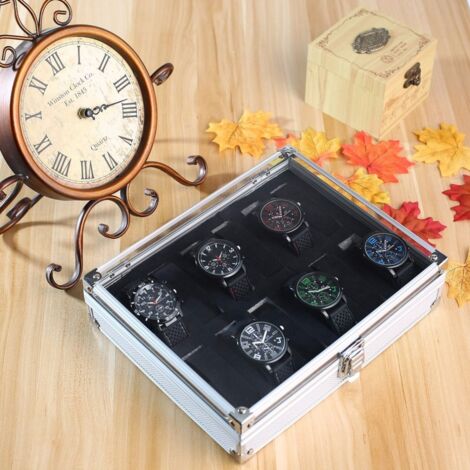 Boîte de rangement pour montres en fibre de carbone et aluminium à 12 compartiments, avec présentoir (1/5)