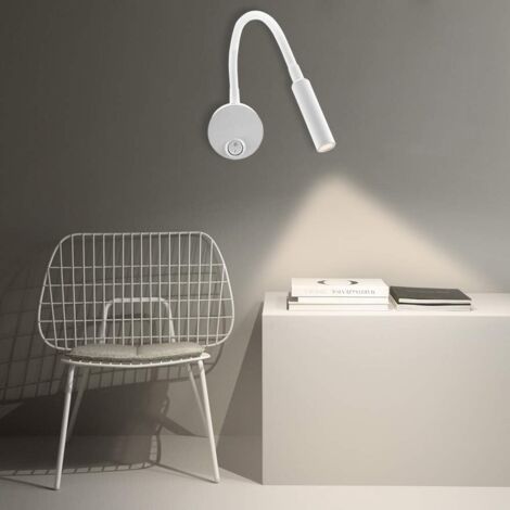 Applique murale blanche, lampe de lecture murale minimaliste de 3 watts avec interrupteur à bouton-poussoir, à tête incurvée blanc chaud et doux.