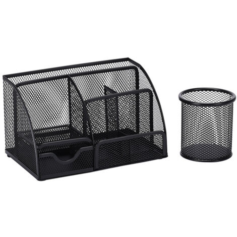 Organiseur de bureau et support pour ordinateur portable avec tiroirs et 6 compartiments en maille métallique noire. Permet de ranger stylos, post-it, trombones et agrafeuses. Comprend un porte-stylo (1/4)