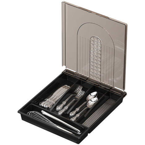 Organisateur de couverts avec couvercle, plateau à couverts couvert pour tiroirs de cuisine et comptoirs, boîte de rangement en plastique pour couverts (cuillères, fourchettes et couteaux) (noir). (1/5)