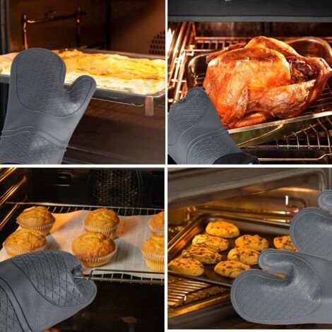 Gants de cuisine en silicone (lot de 2) - Imperméables, antidérapants, résistants à la chaleur jusqu'à 260 °C (500 °F), gris (33 cm). (1/3)