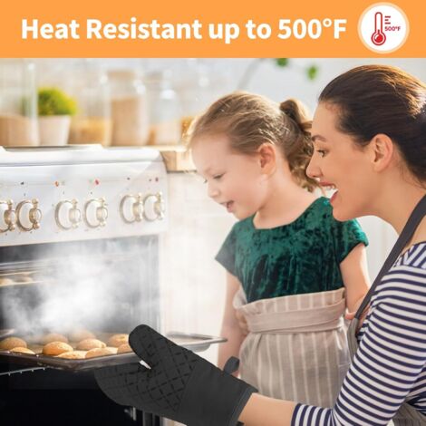 Gants de cuisine noirs, résistants à la chaleur jusqu'à 260 °C (500 °F), surface antidérapante en silicone et doublure douce en coton, idéaux pour la cuisson au four, la pâtisserie et les grillades. V (1/5)