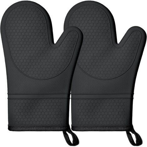 1 paire de gants de cuisine en silicone, résistants à la chaleur, imperméables, doublure en coton matelassé, poignées antidérapantes, adaptés à la cuisson, à la pâtisserie et au gril (noir). (1/5)