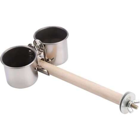 Gamelle en acier inoxydable pour oiseaux avec support en bois pour cage, perchoir pour nourrir les oiseaux, coupelle pour nourriture et eau - grand format (1/5)