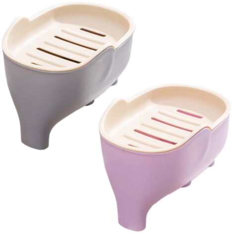 Deux porte-savons en forme d'éléphant avec égouttoirs, conception auto-drainante, porte-éponge pour évier de cuisine, en plastique, violet et gris. (1/5)