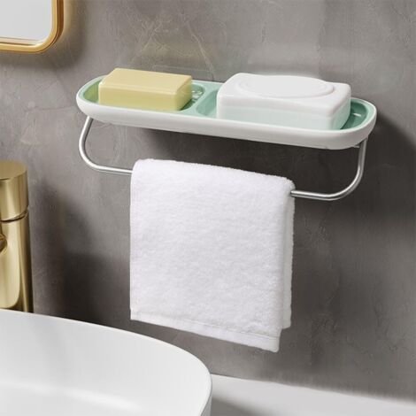 Étagère de douche murale sans perçage, avec porte-serviettes, étagère de rangement et porte-savon, système de drainage efficace, adaptée aux espaces encombrés (vert). (1/3)