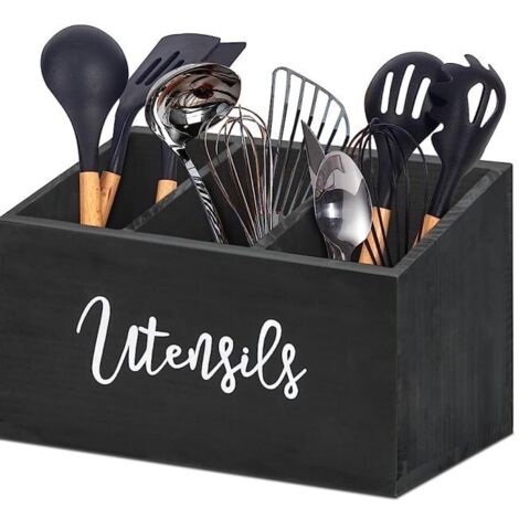 Étagère à ustensiles de cuisine en bois à 3 compartiments
