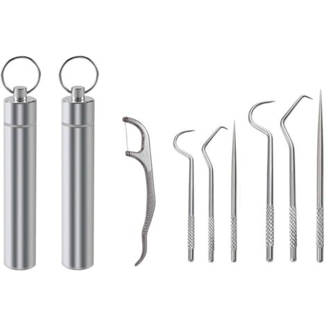 2 lots de 7 pochettes portables en acier inoxydable pour cure-dents, kits de nettoyage réutilisables pour la base des cure-dents en métal avec supports, parfaits pour les pique-niques en plein air et (1/5)
