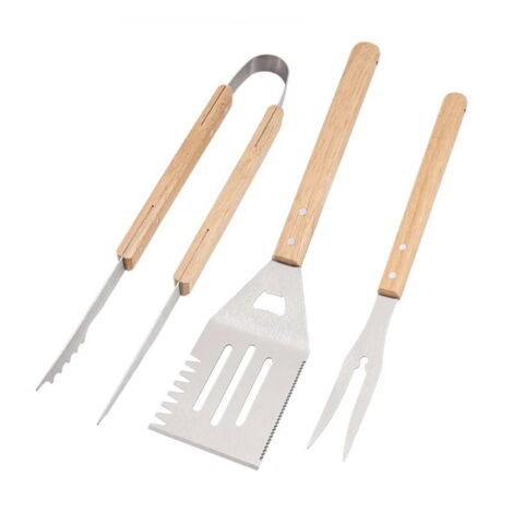 Ensemble d'ustensiles de barbecue en acier inoxydable, 3 pièces, avec manches en bois, accessoires indispensables pour la cuisine et les fêtes en plein air. (1/5)