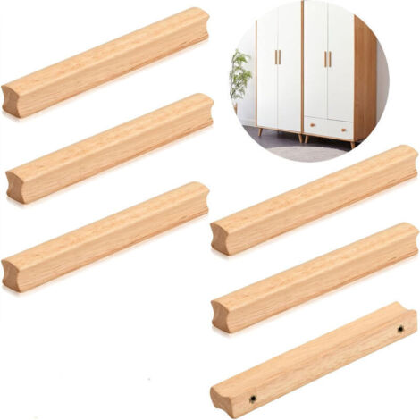 6 Pièces Poignée Meuble Bois, Poignées de Placard en Bois, Hole Distance 160mm, Cuisine Poignées de Tiroir en Bois , Bois Massif Poignee de Meuble, pour Portes, Tiroirs, Armoires-Crezuo (1/4)