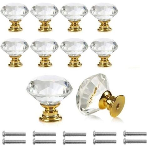 Poignée à trou unique 10 pièces, poignée de porte en cristal de diamant transparent, décoration d'armoire à tiroirs de meubles, avec vis-Crezuo (1/4)