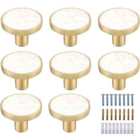 Lot de 8 boutons de placard ronds en laiton marbré blanc - Boutons de tiroir décoratifs blancs - Boutons de commode dorés pour meubles de cuisine, crochets à vêtements-Crezuo (1/4)