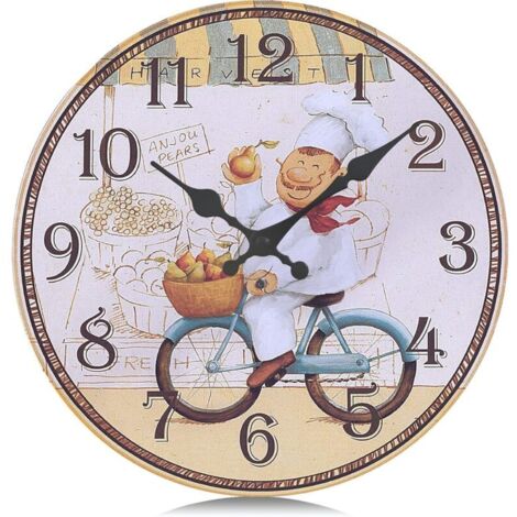 30cm Horloge Murale Cuisine Bois Vintage, Silencieuse Pendules Murales Chef, Retro Design sans Tic-tac Déco pour Restaurant,Salle a Manger,Boulangerie-Crezuo (1/4)