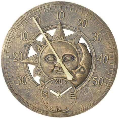 Jardin Thermomètre extérieur Horloge Vintage mur Horloge de station de décoration rétro suspendu horloge Motif Sun Moon imperméable, décorations de jardin-Crezuo (1/5)