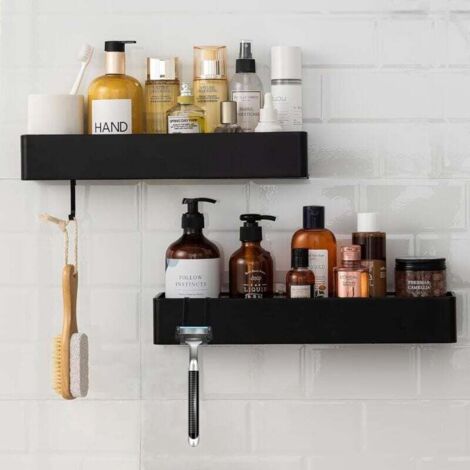 Etagere Salle de Bain Sans Percage, Lot de 2 Etagère Douche Etagère Rangement Acier Inoxy Panier Salle de Bain Mural Drainable avec Crochets-Crezuo (1/3)