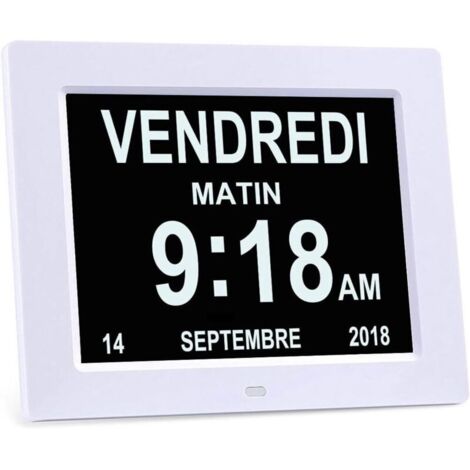Horloge numérique 8' avec calendrier – Affichage clair jour, mois, semaine – Fonction variateur de nuit – Pour seniors et Alzheimer-Crezuo