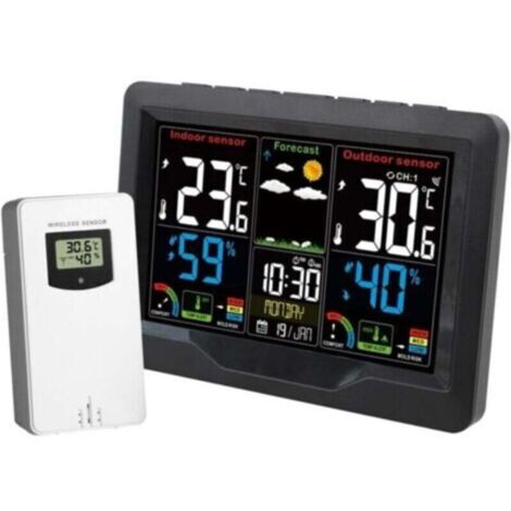 Horloge météo à écran couleur avec capteur, thermomètre et hygromètre d'intérieur, alarme rechargeable par USB-Crezuo