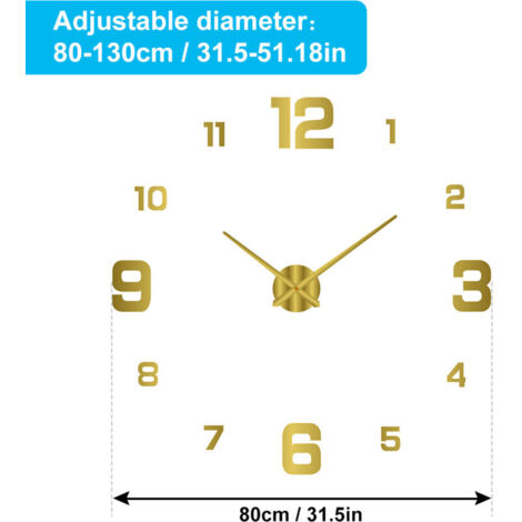Horloge murale silencieuse 3D DIY à cadran lumineux, sans perçage, en acrylique sans cadre, avec autocollants numériques pour salon, bureau, chambre à coucher, décoration moderne, dorée, 80-130 cm-Cre (1/4)