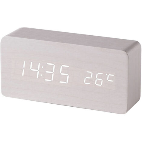 (Blanc) Réveil digital en bois avec contrôle sonore par LED, alimentation double par batterie USB, horloge silencieuse en bois avec LED, décorations pour la maison-Crezuo (1/4)