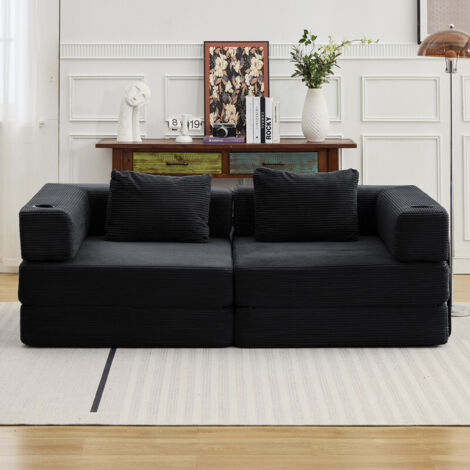 Sofá cama convertible de 200 cm de pana – 2 portavasos, 2 cojines, negro (1/5)
