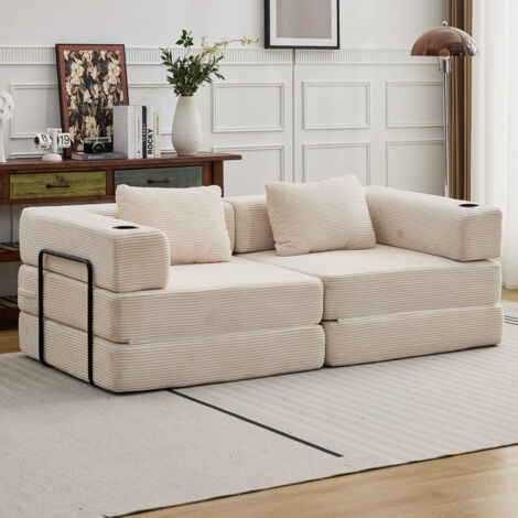 Sofá cama convertible de pana de 200 cm – 2 portavasos, 2 cojines, blanco