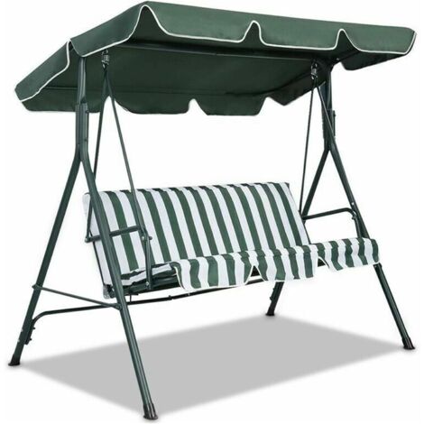 Juego de toldo de repuesto para silla columpio de patio, rayas verdes, 3 plazas, resistente a la intemperie, funda para toldo y funda para cojín 249x185cm/98x73 (1/5)