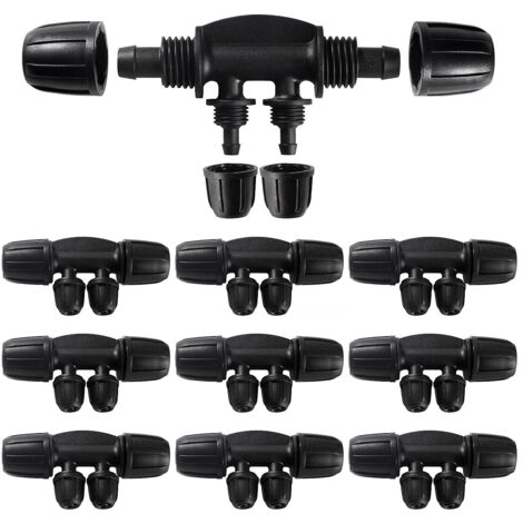 10 piezas de conectores de manguera de riego de 4 vías para tubos de 8/12 mm a 4/7 mm, conector de manguera en forma de T con púas, conector de riego por goteo de 4 vías para jardín y césped.