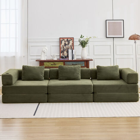 Sofá cama convertible de pana de 300 cm – 2 portavasos, 3 cojines, verde (1/5)