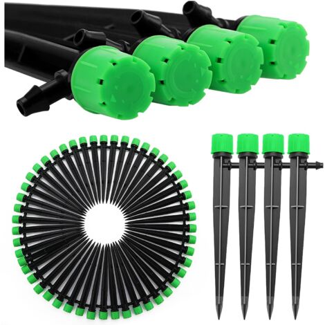 50 goteros de riego ajustables, microaspersor de 8 orificios con rotación de 360 grados, conector de púas y estaca de soporte para tuberías de 4/7 mm, gotero de riego insertable, color verde. (1/5)